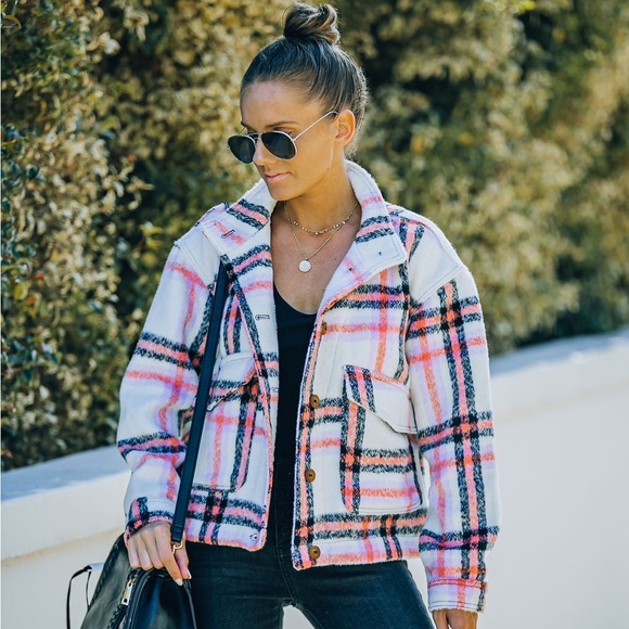 Free People Jackets & Blazers - NWT Bagatelle Cozy Brushed Knit Plaid Shacket Orange Pink Cream Med Shirt Jacket